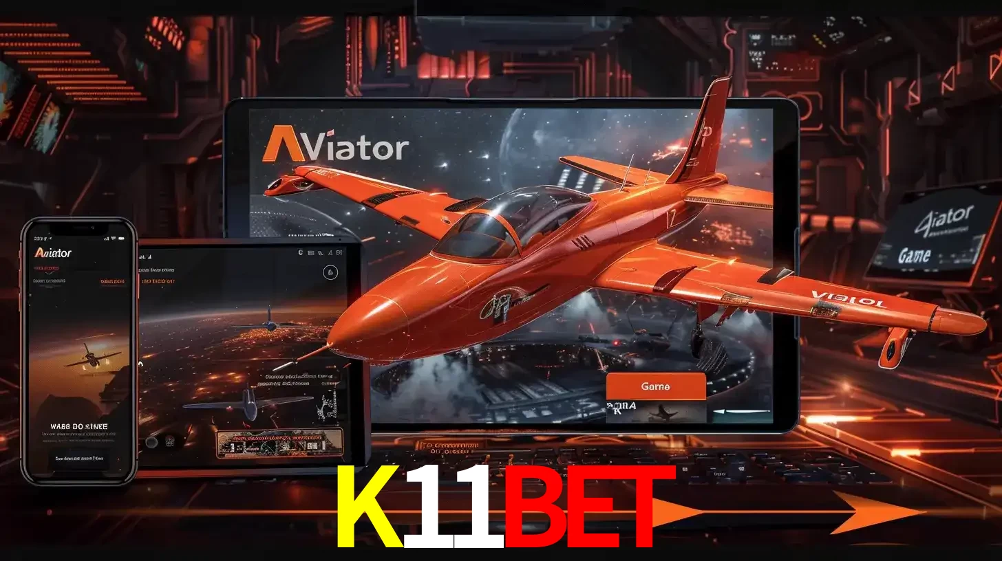 Apresentação tecnológica do jogo Aviator com um avião saindo da tela de um tablet, demonstrando a experiência imersiva em múltiplos dispositivos no K11BET.