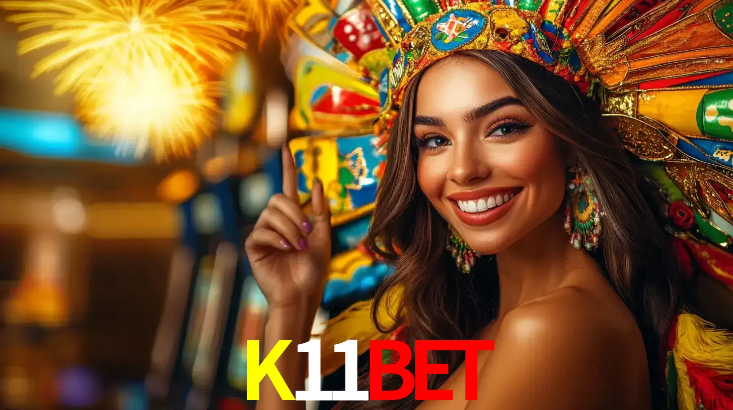 Mulher sorridente com um cocar de carnaval vibrante e colorido, celebrando uma grande vitória nos jogos do cassino K11BET com fogos de artifício ao fundo.