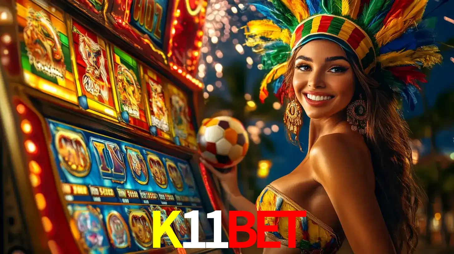 Mulher com um cocar de carnaval ao lado de uma máquina de caça-níqueis enquanto segura uma bola de futebol, mostrando a união da diversão de cassino e esportes no K11BET.