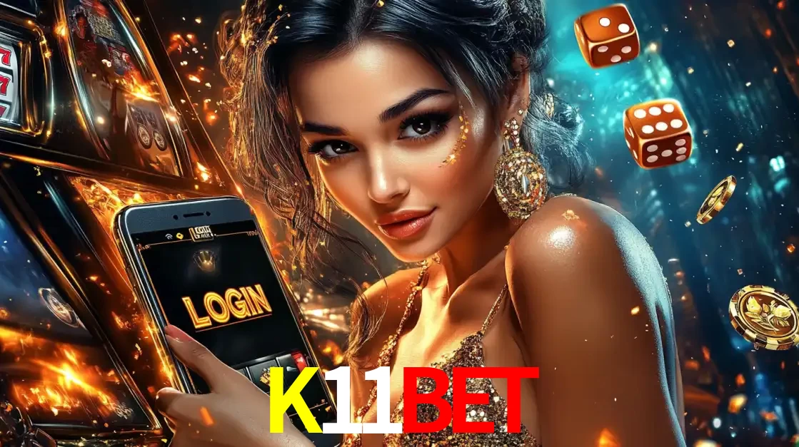 Mulher glamourosa segurando um celular com a tela de login do cassino K11BET, rodeada por dados e moedas douradas, pronta para começar a diversão.