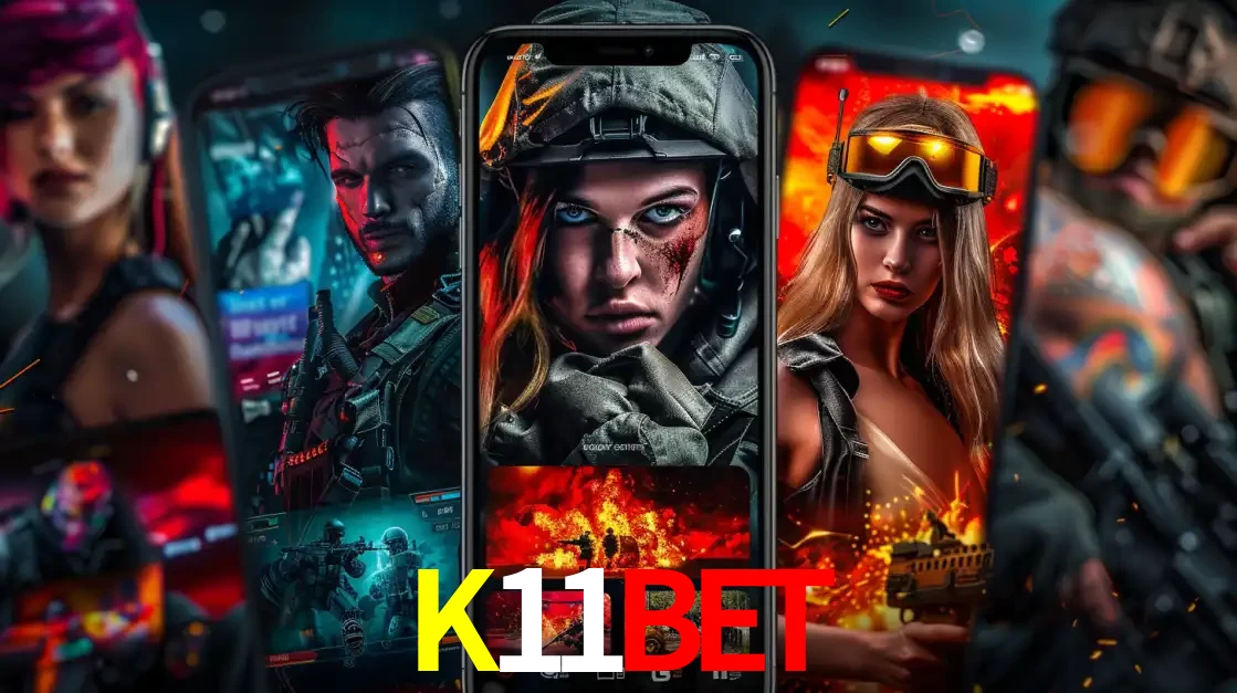 Montagem de telas de celular mostrando diversos personagens, masculinos e femininos, de um jogo de tiro, ilustrando a diversidade de equipes de e-sports para apostar no K11BET.