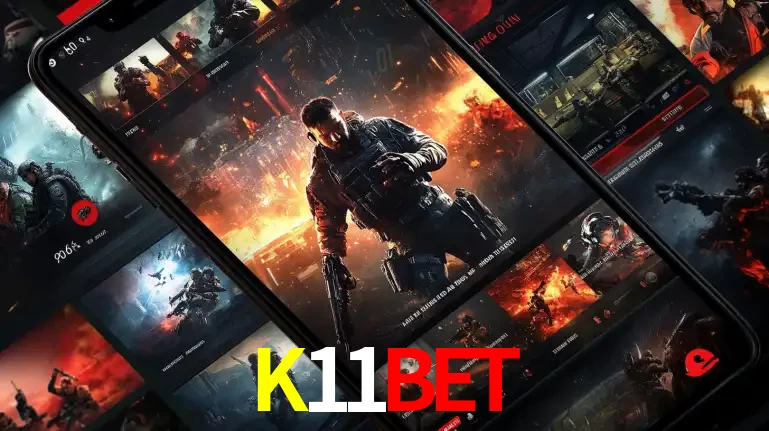 Tela de um celular exibindo uma galeria de jogos de tiro com temática militar, mostrando a variedade de e-sports disponíveis para apostas na plataforma de entretenimento K11BET.