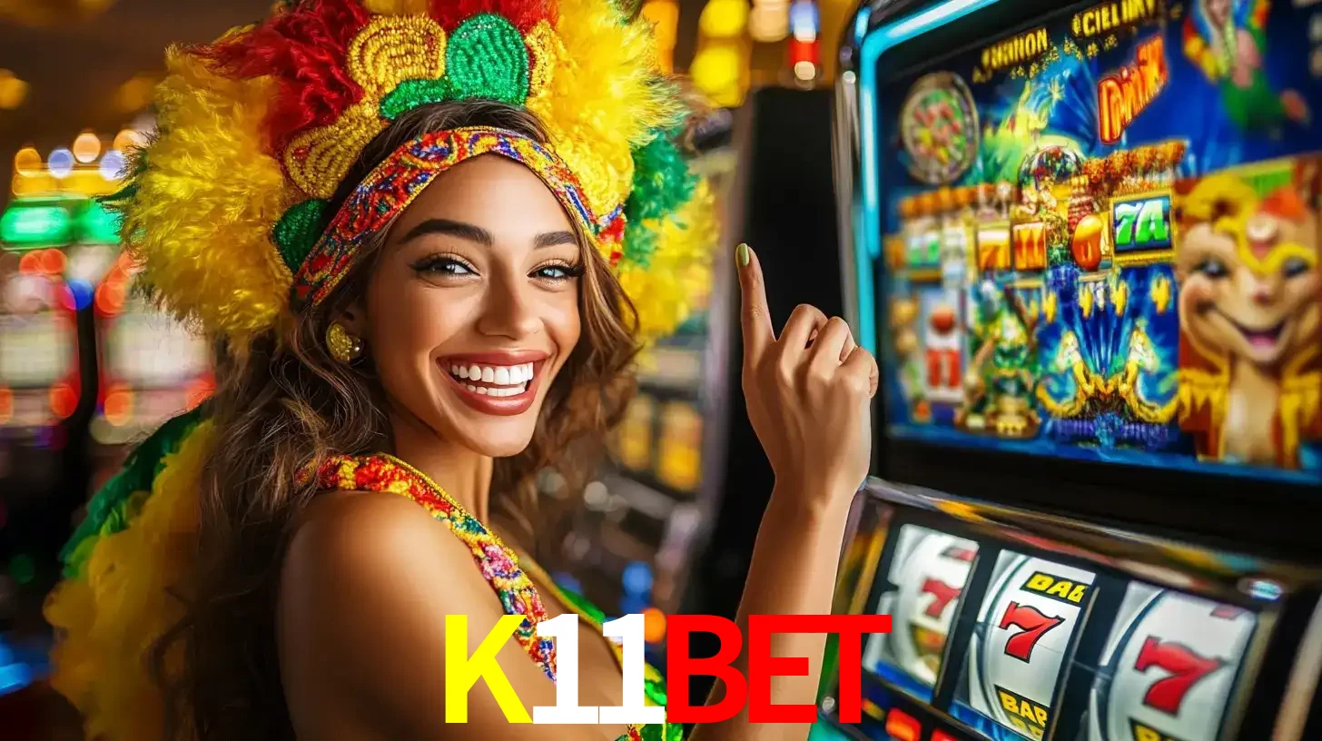 Mulher animada com um cocar de carnaval apontando para uma máquina de caça-níqueis, mostrando a emoção de ganhar um grande prêmio nos jogos do K11BET.