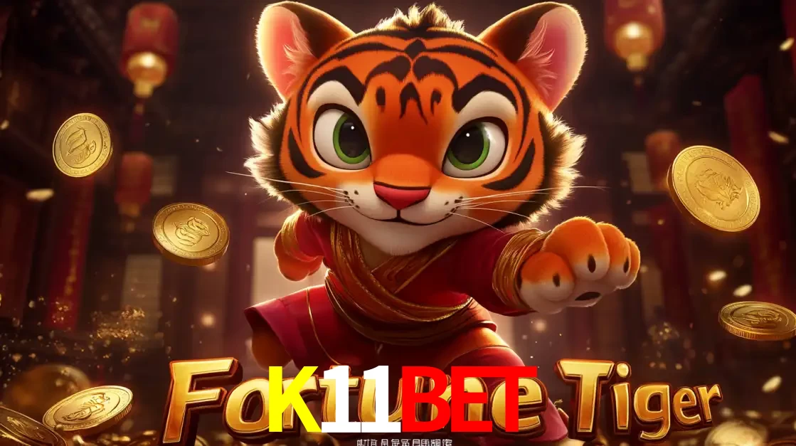 O carismático mascote do jogo de slot Fortune Tiger, um tigre fofo em pose de artes marciais, pronto para trazer sorte e multiplicadores de ganhos no cassino online K11BET.