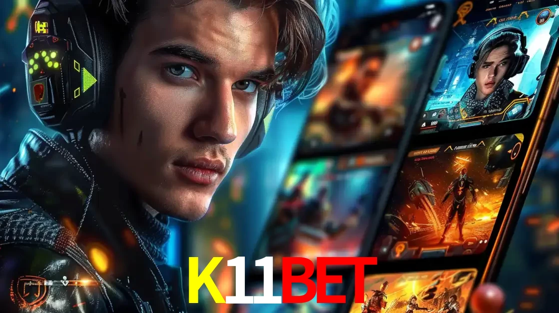 Jovem jogador com fones de ouvido olhando para a câmera, com um aplicativo de jogos e e-sports para celular ao fundo, pronto para a competição e apostas no K11BET.