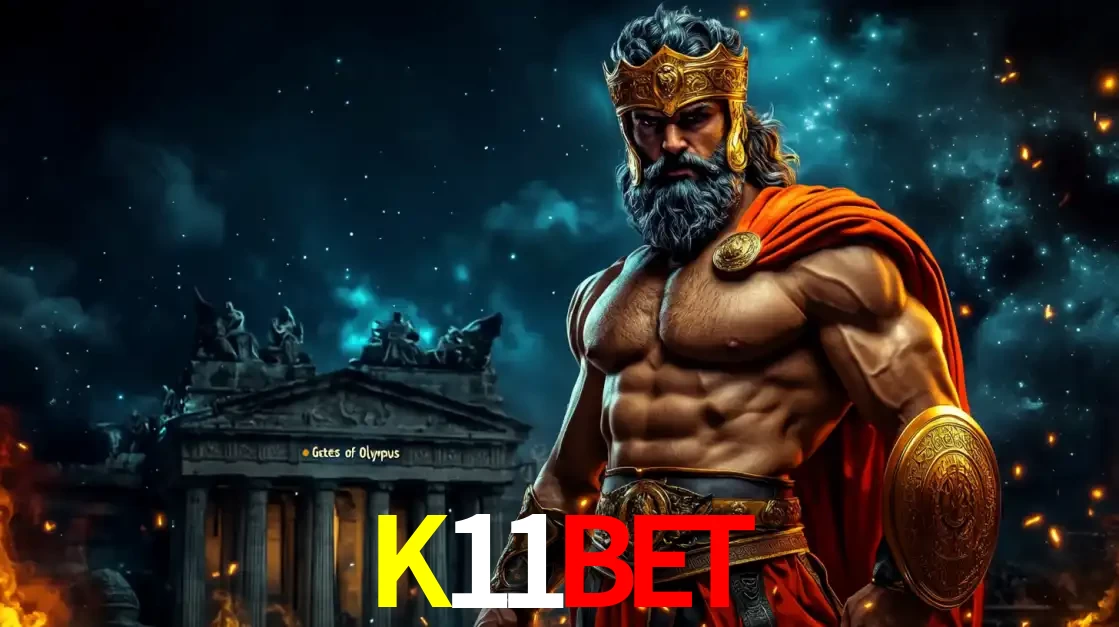O poderoso Zeus do jogo de slot Gates of Olympus em frente ao seu templo, pronto para lançar multiplicadores divinos e prêmios épicos no cassino online K11BET.