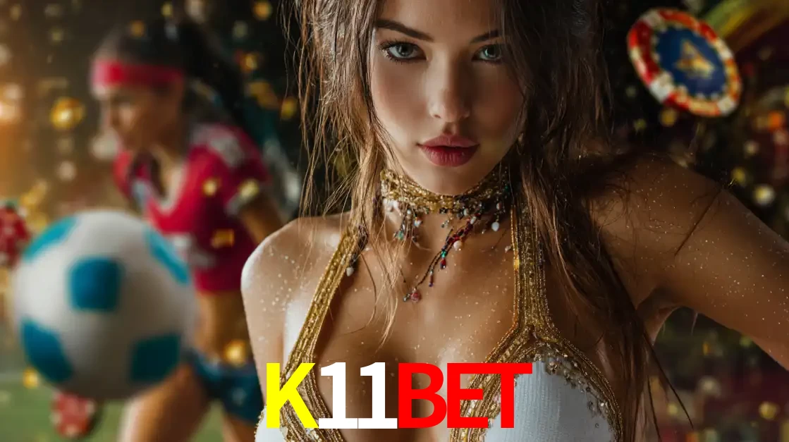 Mulher elegante representando a combinação de glamour e emoção das apostas esportivas, com uma jogadora de futebol ao fundo, destacando a ação no K11BET.