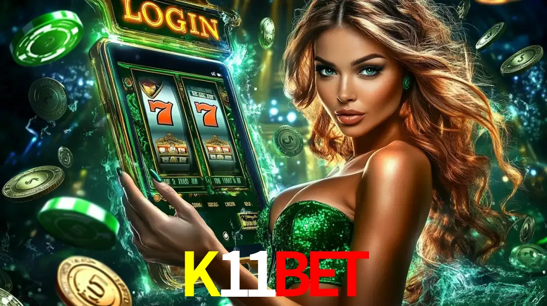 Mulher com tema verde apresentando o aplicativo do cassino K11BET com um jogo de slot de 777, cercada por fichas de cassino e uma aura de sorte.
