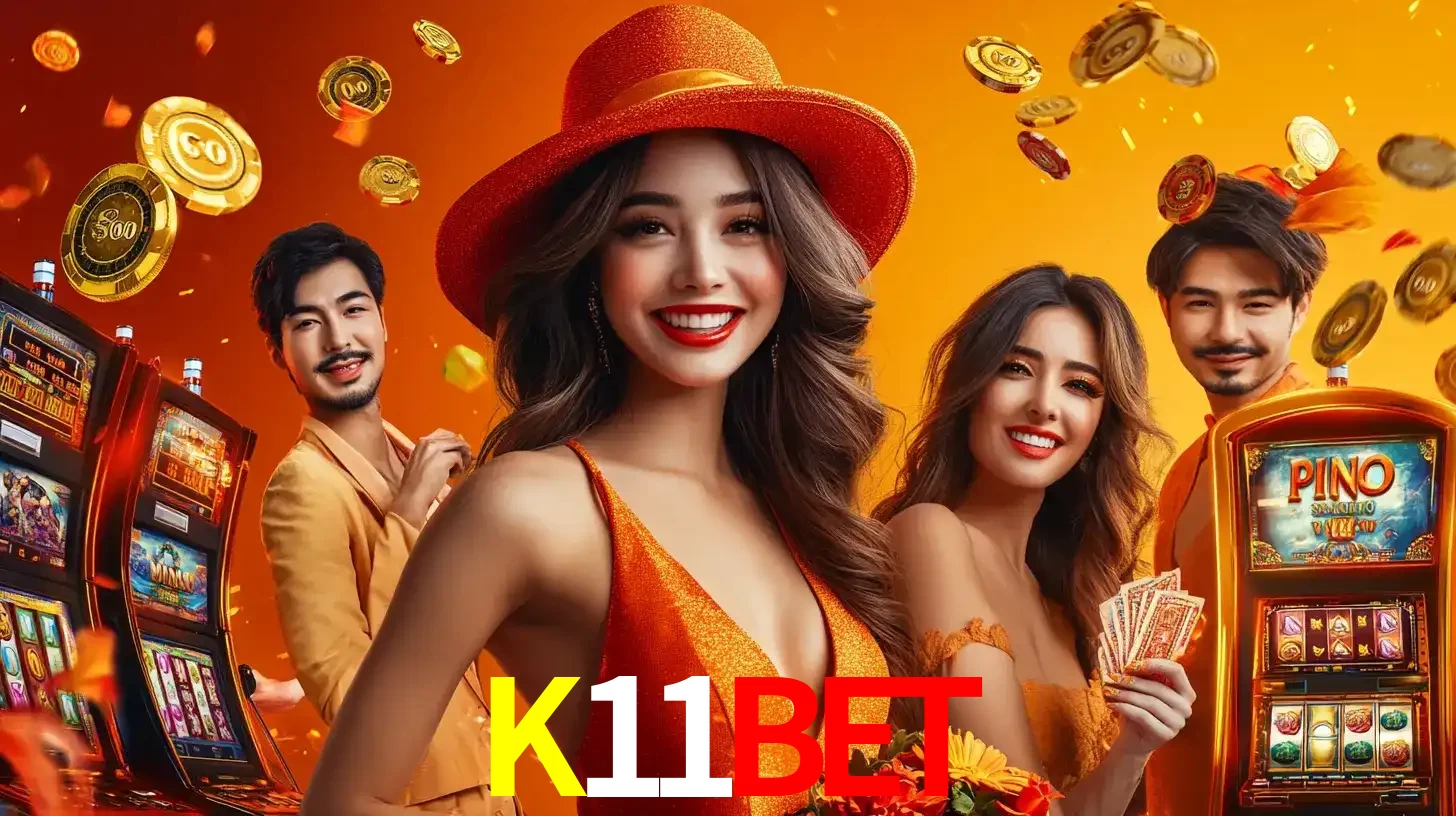Grupo de amigos asiáticos sorrindo e se divertindo com máquinas de caça-níqueis em um ambiente festivo, celebrando suas vitórias nos jogos de cassino do K11BET.