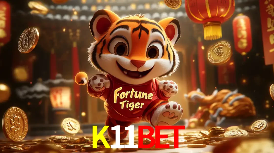 O alegre personagem do Fortune Tiger correndo sobre um caminho de moedas de ouro, simbolizando os grandes prêmios e a diversão do popular jogo de slot do K11BET.