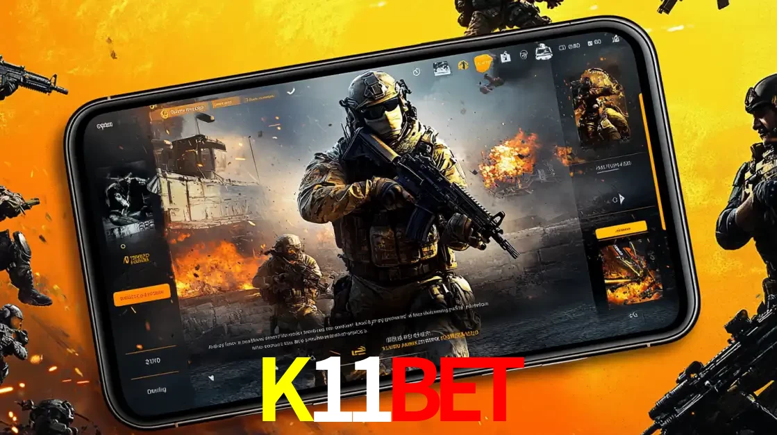 Um smartphone exibindo a interface de um jogo de tiro em primeira pessoa, com um soldado em um cenário de batalha, representando a ação dos e-sports para apostar no K11BET.