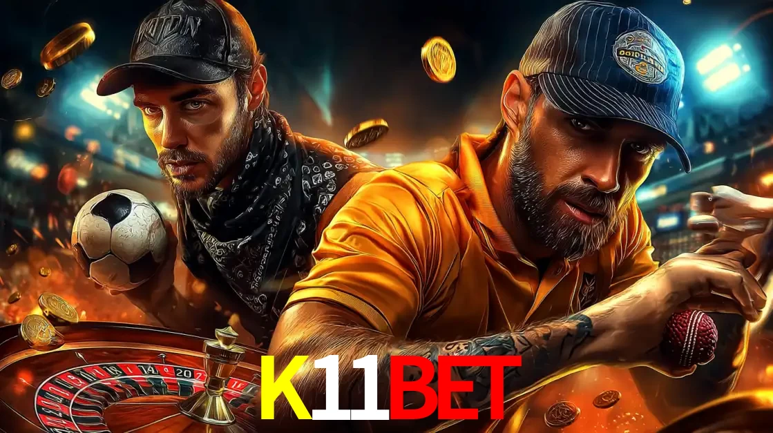 Montagem de apostas esportivas e cassino no K11BET, com um homem segurando uma bola de futebol e outro uma de beisebol sobre uma roleta e moedas voadoras.