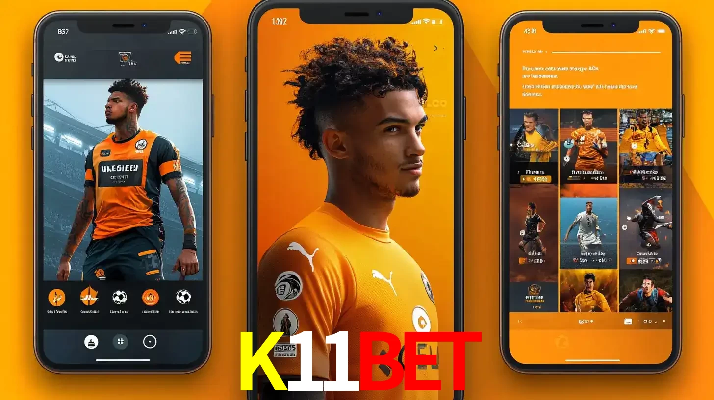 Interface do aplicativo de apostas esportivas K11BET em três telas de celular, mostrando o perfil de um jogador de futebol e a lista de jogos disponíveis para apostar.