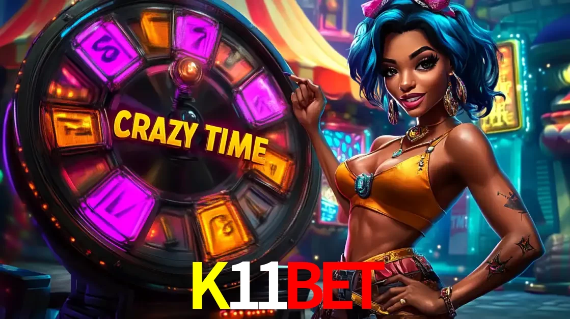 Mulher estilizada com cabelo azul e visual vibrante posando ao lado da roda de prêmios do game show Crazy Time, convidando para a diversão e os bônus do cassino K11BET.