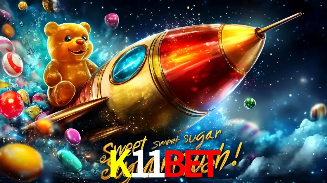 Arte promocional do jogo de slot Sugar Rush, com um urso de pelúcia em um foguete viajando pelo espaço de doces, um dos jogos divertidos disponíveis no cassino K11BET.
