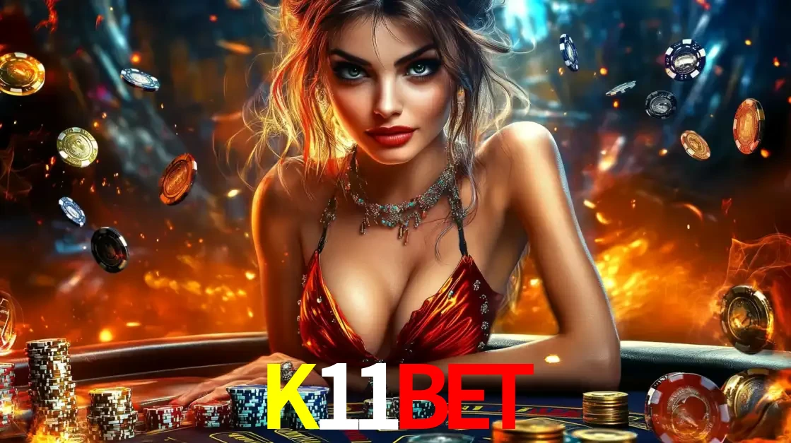 Mulher em uma mesa de cassino com pilhas de fichas e um fundo de fogo, pronta para uma rodada de altas apostas nos jogos de mesa emocionantes do cassino K11BET.