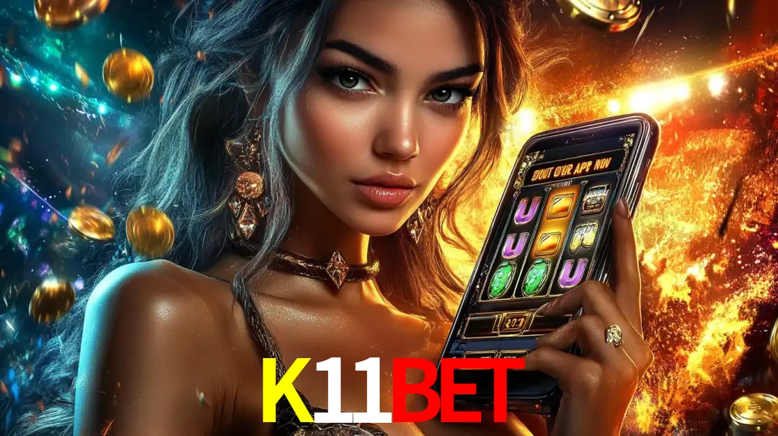 Mulher elegante mostrando um jogo de caça-níqueis em seu smartphone, destacando a experiência de cassino móvel oferecida pelo aplicativo K11BET.