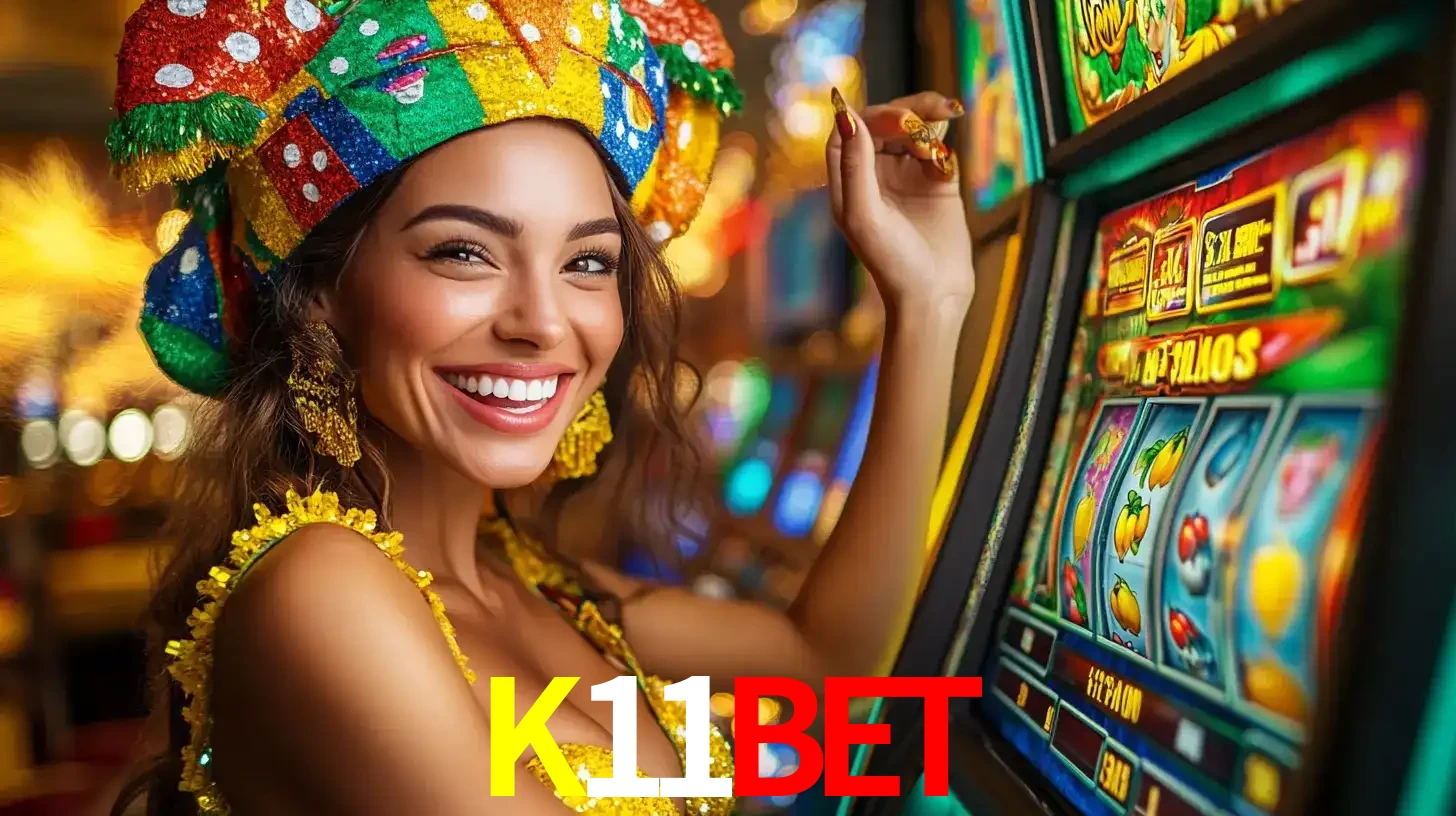 Mulher feliz com traje de carnaval amarelo e colorido ao lado de uma máquina de caça-níqueis, aproveitando a diversão e os jogos temáticos do cassino K11BET.