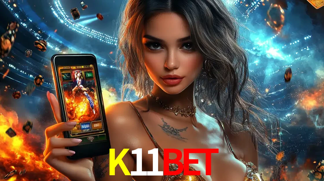 Mulher segurando um celular com um jogo de slot em destaque, tendo como fundo um estádio vibrante, simbolizando a emoção de jogar no cassino móvel K11BET.