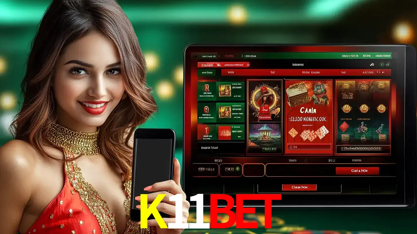 Mulher sorridente segurando um smartphone, ao lado de uma tela exibindo o lobby de jogos do cassino online K11BET, com várias opções de jogos de cartas e slots.